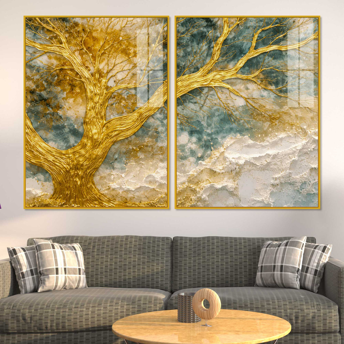 Luxury Golden Branch Tree Abstract Acrylic Floating Wall Painting Set of 2