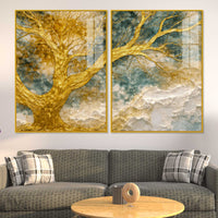 Luxury Golden Branch Tree Abstract Acrylic Floating Wall Painting Set of 2
