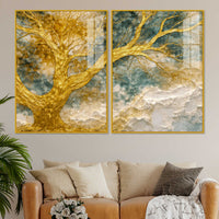Luxury Golden Branch Tree Abstract Acrylic Floating Wall Painting Set of 2