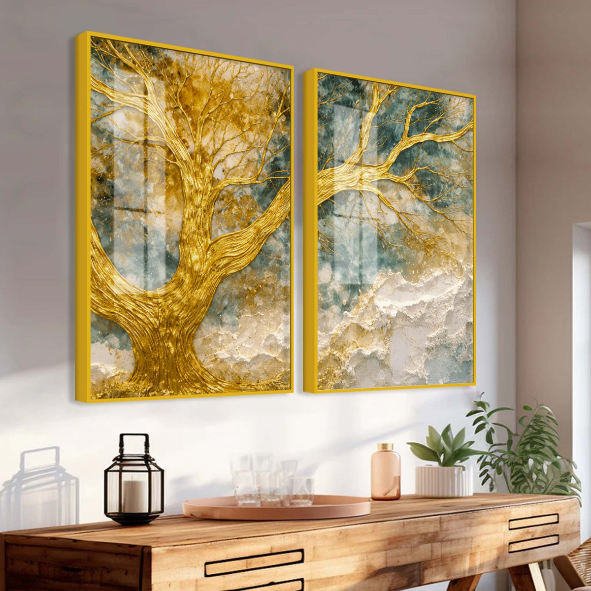 Luxury Golden Branch Tree Abstract Acrylic Floating Wall Painting Set of 2