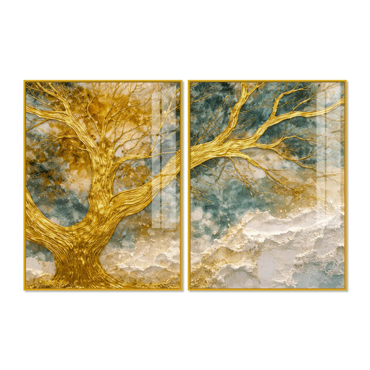 Luxury Golden Branch Tree Abstract Acrylic Floating Wall Painting Set of 2