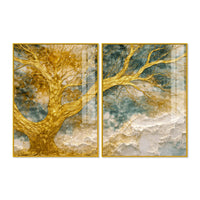Luxury Golden Branch Tree Abstract Acrylic Floating Wall Painting Set of 2