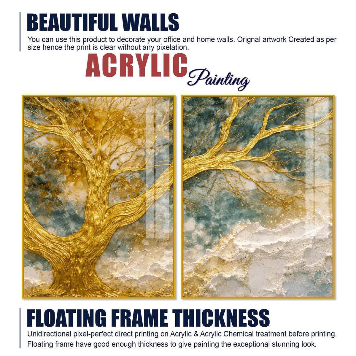 Luxury Golden Branch Tree Abstract Acrylic Floating Wall Painting Set of 2