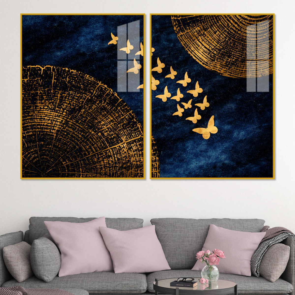 Luxury Golden Butterfly Elegance Acrylic Floating Wall Painting Set of 2
