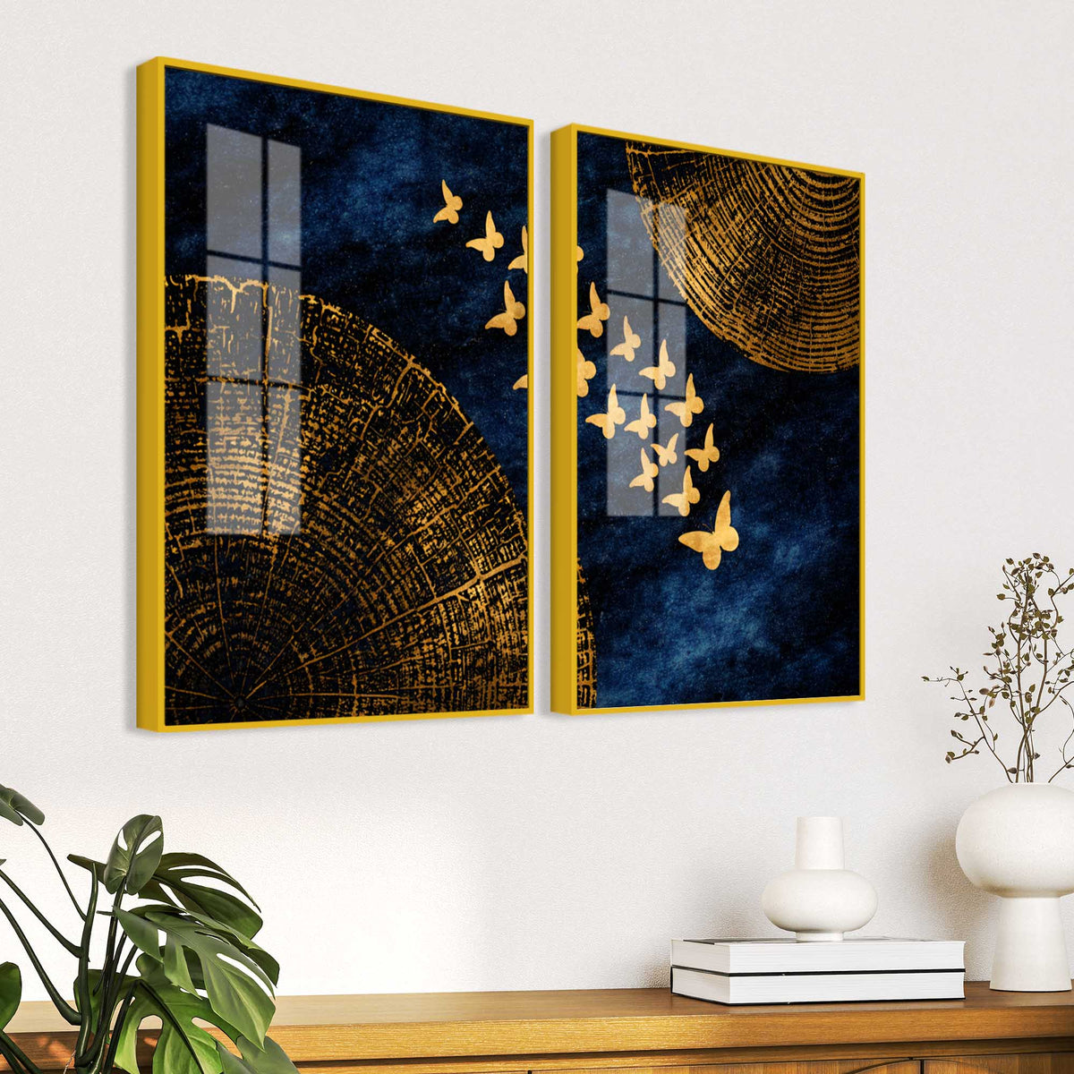 Luxury Golden Butterfly Elegance Acrylic Floating Wall Painting Set of 2