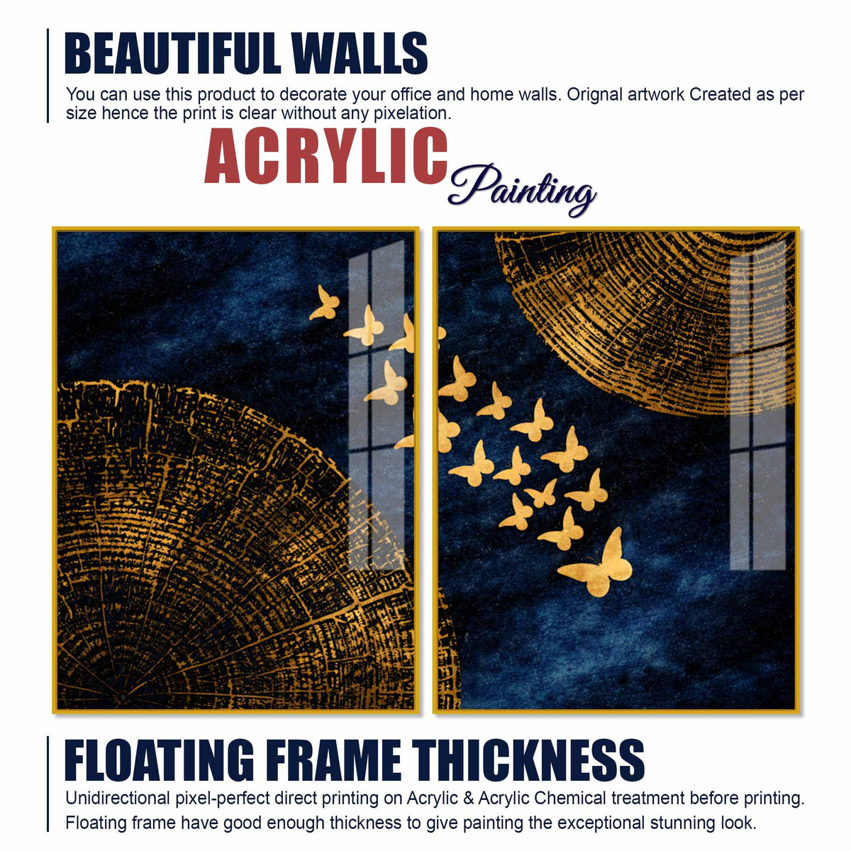 Luxury Golden Butterfly Elegance Acrylic Floating Wall Painting Set of 2