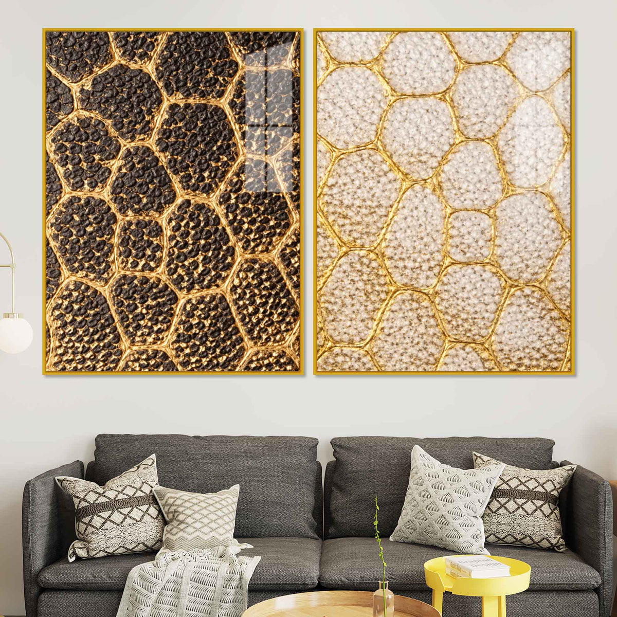 Luxury Golden Honeycomb Abstract Pattern Acrylic Floating Wall Painting Set of 2