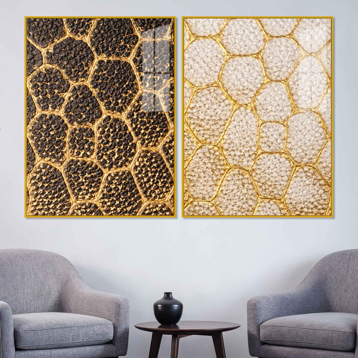 Luxury Golden Honeycomb Abstract Pattern Acrylic Floating Wall Painting Set of 2
