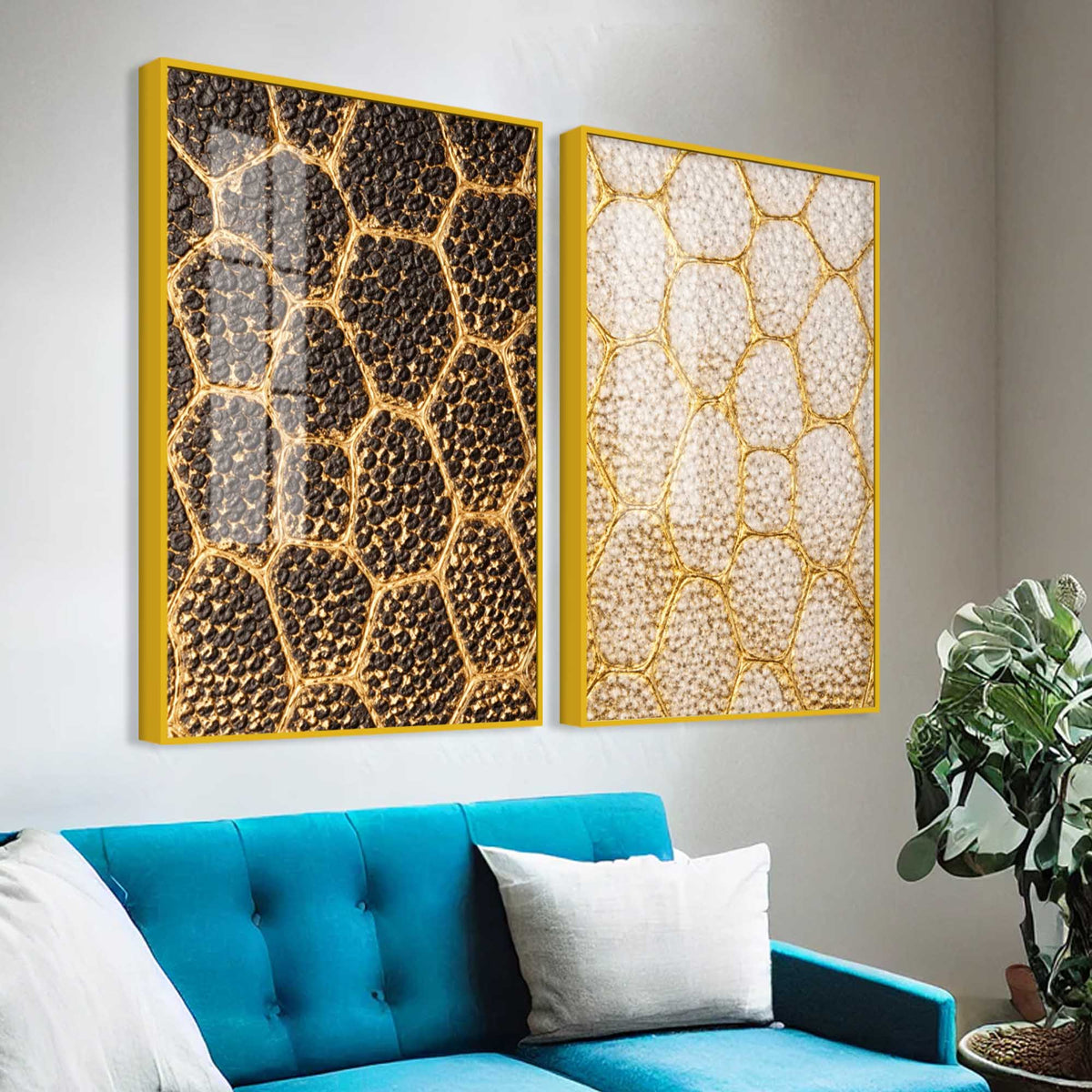 Luxury Golden Honeycomb Abstract Pattern Acrylic Floating Wall Painting Set of 2