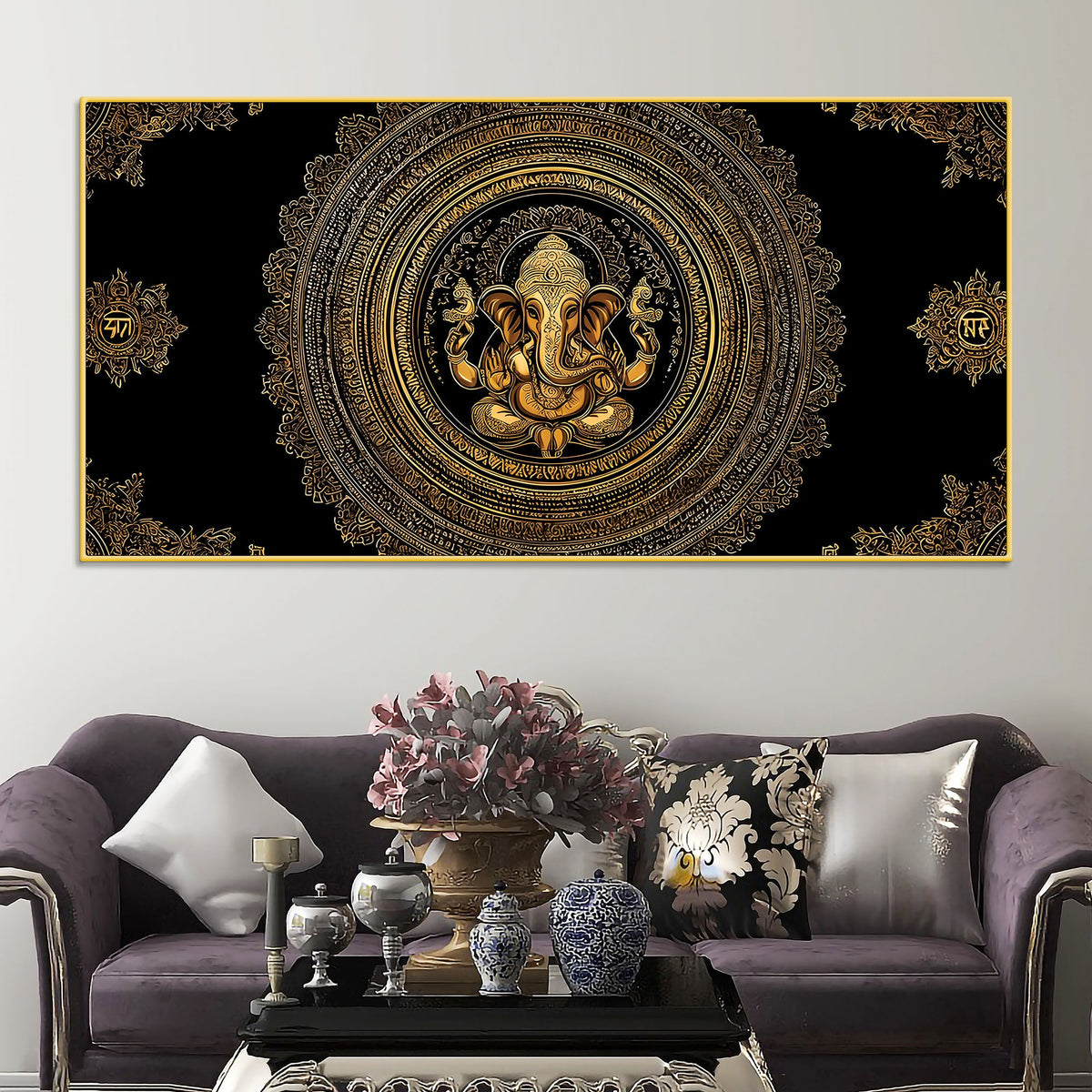 Luxury Golden Lord Ganesha Mandala Art Canvas Wall Painting for Home & Office Decor – Modern Devotional Wall Decor