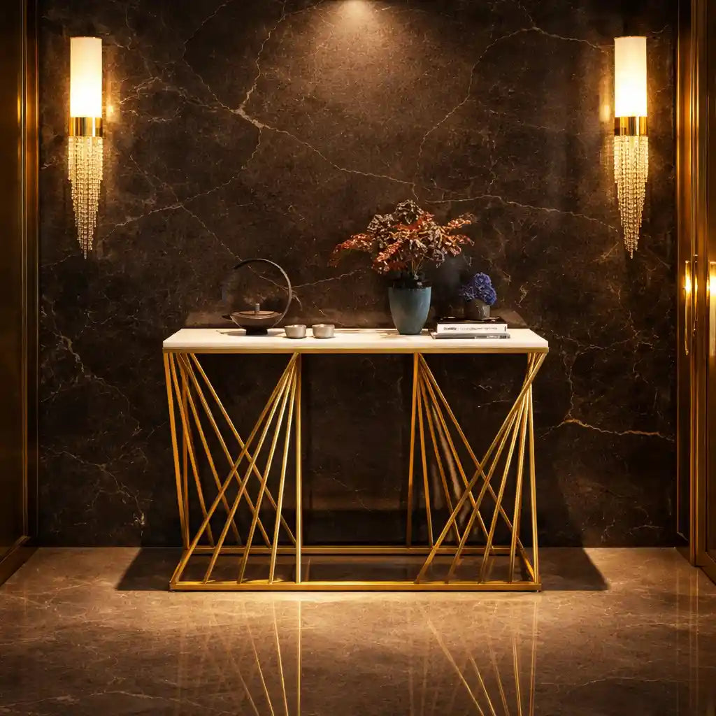 Luxury Golden Metal Finish Console Table with Criss-Cross Base