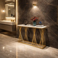 Luxury Golden Metal Finish Console Table with Criss-Cross Base