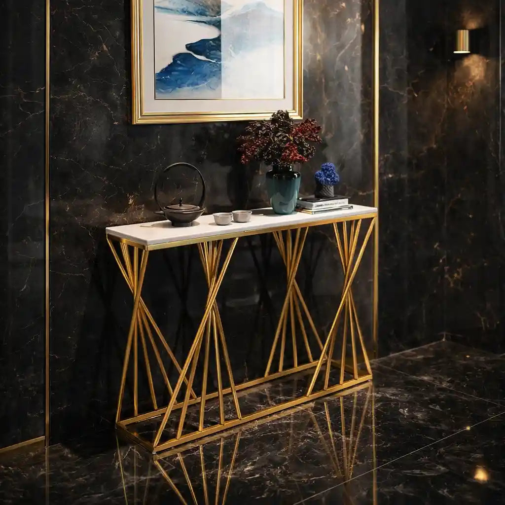 Luxury Golden Metal Finish Console Table with Criss-Cross Base