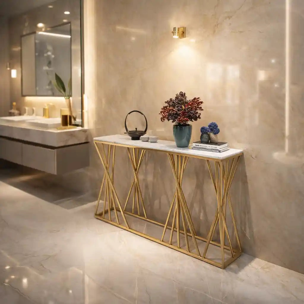 Luxury Golden Metal Finish Console Table with Criss-Cross Base