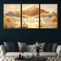 Luxury Golden Mountain & Waterfall Landscape Floating Frame Crystal Wall Painting Set of 3