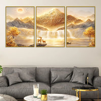 Luxury Golden Mountain & Waterfall Landscape Floating Frame Crystal Wall Painting Set of 3
