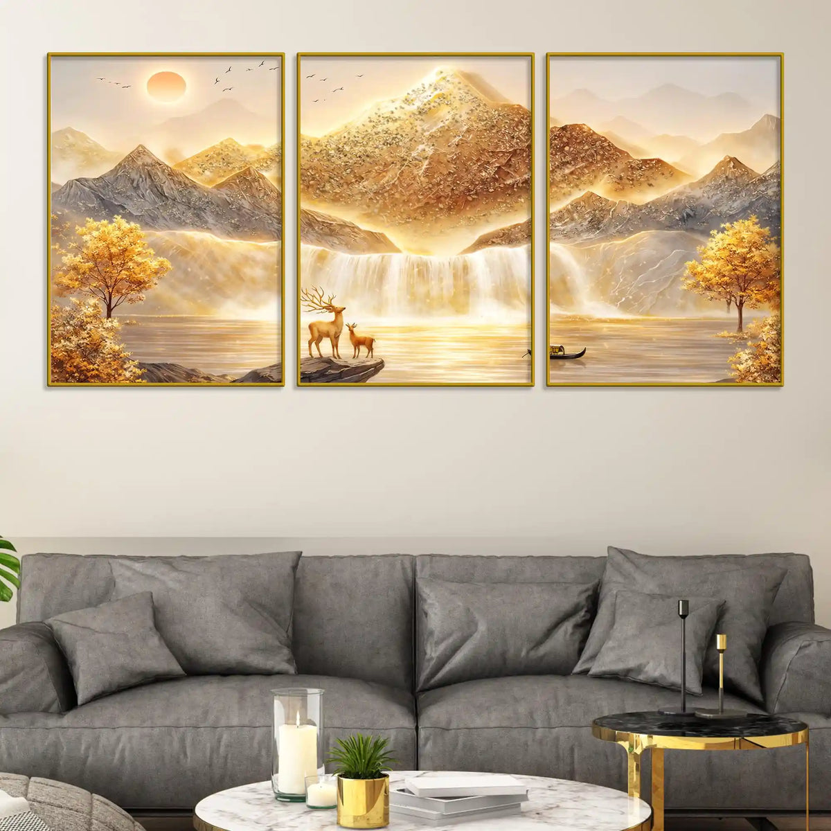 Luxury Golden Mountain & Waterfall Landscape Floating Frame Crystal Wall Painting Set of 3