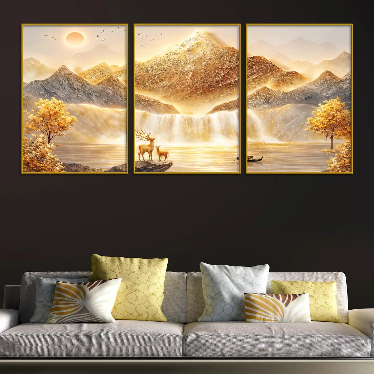 Luxury Golden Mountain & Waterfall Landscape Floating Frame Crystal Wall Painting Set of 3