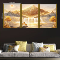 Luxury Golden Mountain & Waterfall Landscape Floating Frame Crystal Wall Painting Set of 3