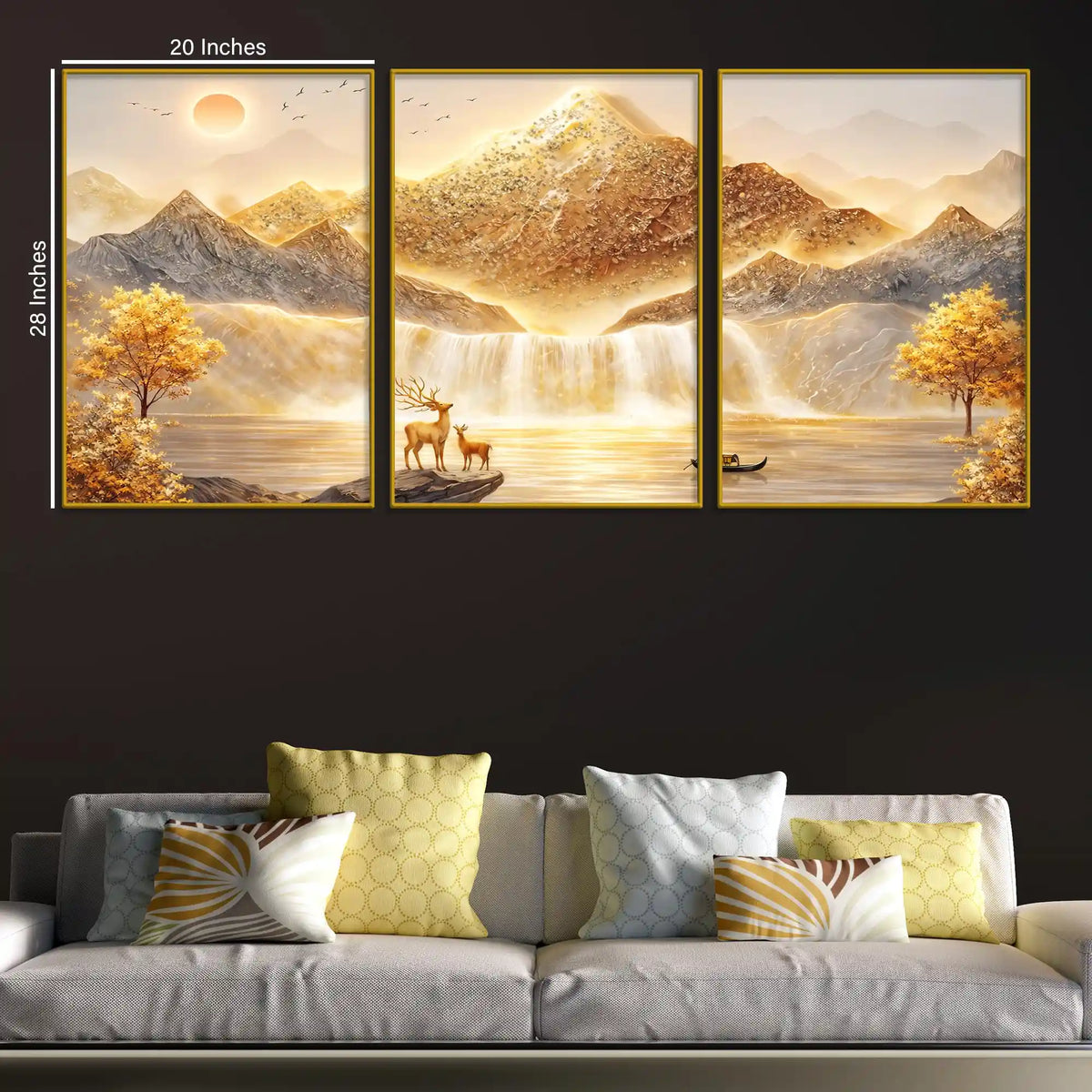 Luxury Golden Mountain & Waterfall Landscape Floating Frame Crystal Wall Painting Set of 3