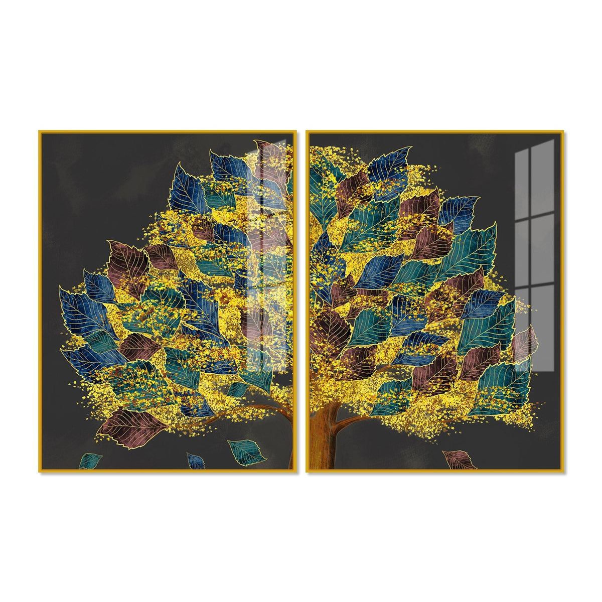 Luxury Golden Shiny Tufted Leaves Tree Acrylic Floating Wall Painting Set Of 2
