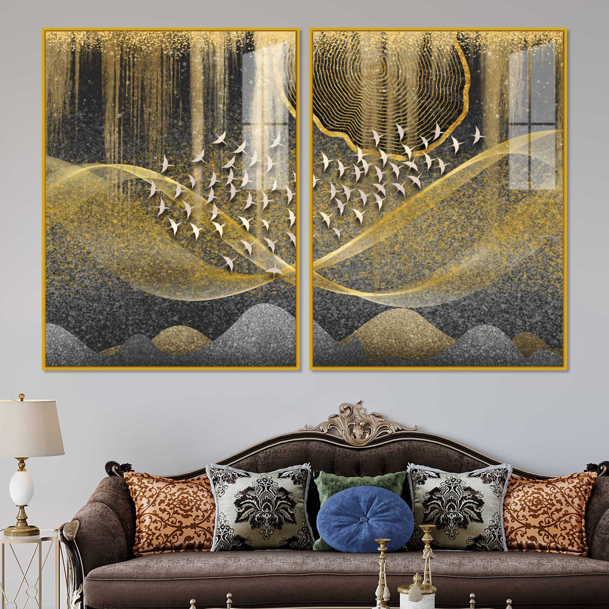 Luxury Golden Wave and Flying Birds Acrylic Floating Wall Painting Set of 2