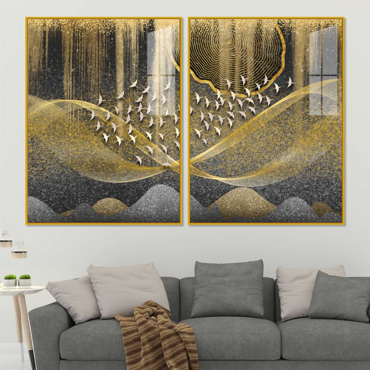 Luxury Golden Wave and Flying Birds Acrylic Floating Wall Painting Set of 2