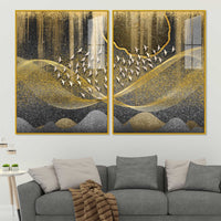 Luxury Golden Wave and Flying Birds Acrylic Floating Wall Painting Set of 2