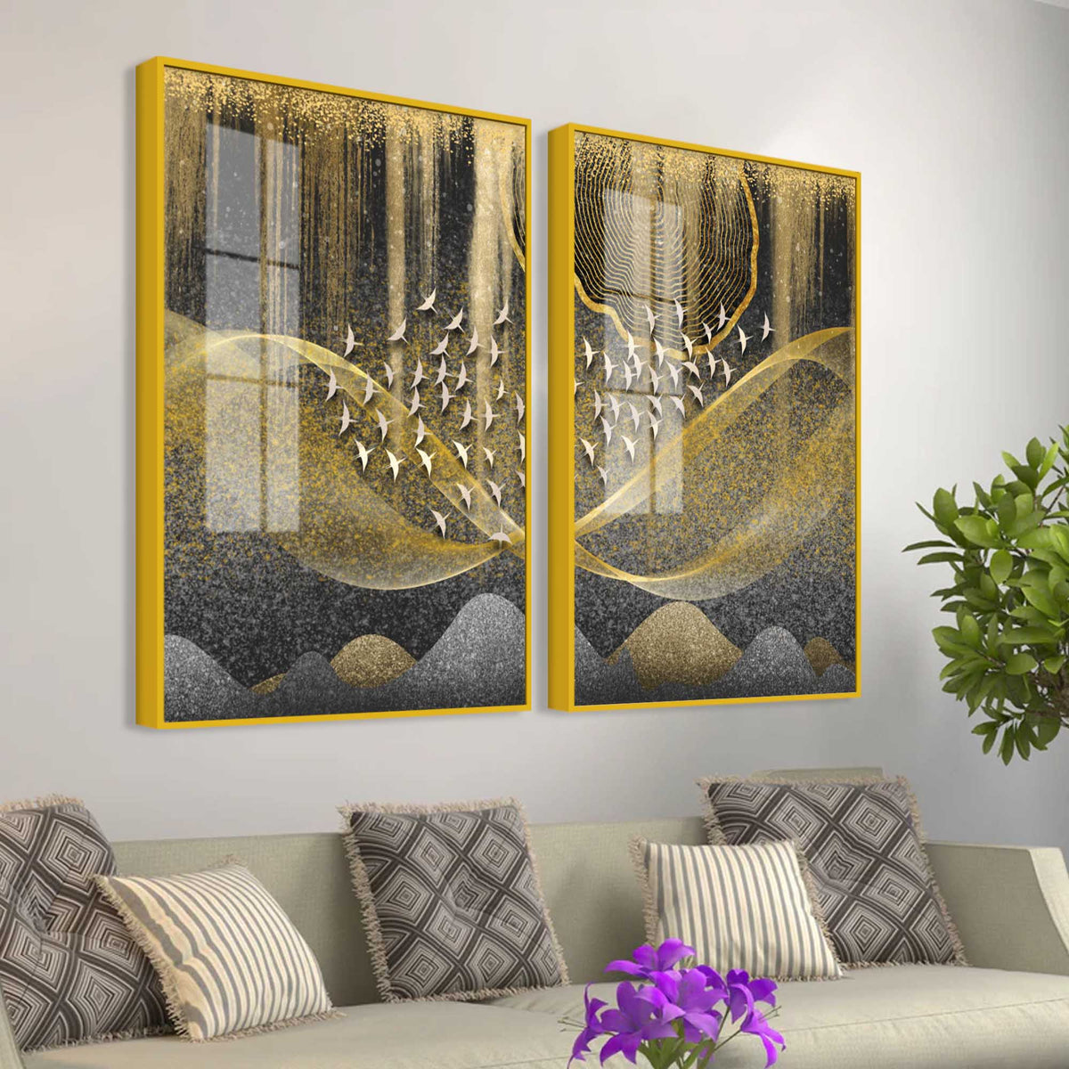 Luxury Golden Wave and Flying Birds Acrylic Floating Wall Painting Set of 2