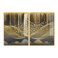 Luxury Golden Wave and Flying Birds Acrylic Floating Wall Painting Set of 2