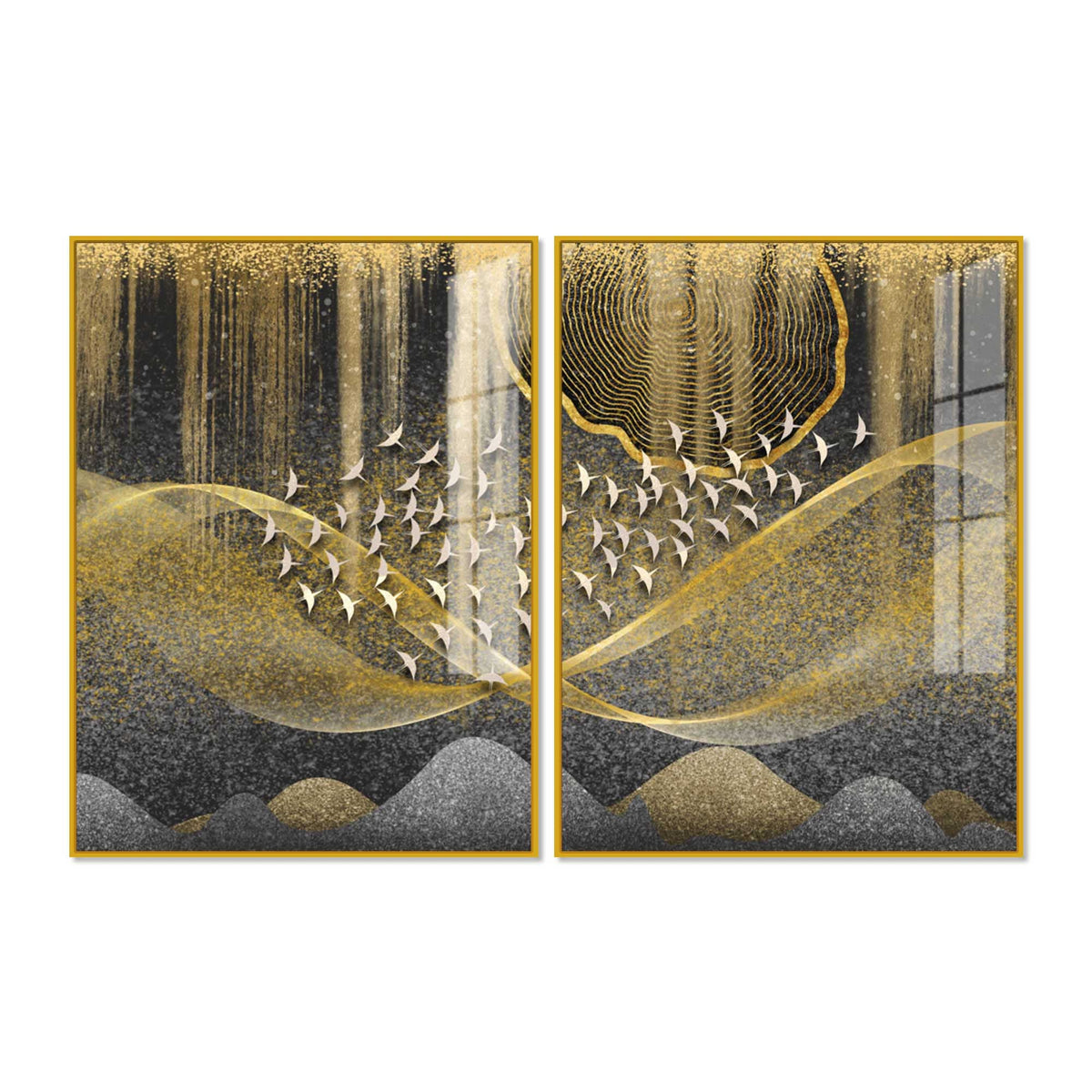 Luxury Golden Wave and Flying Birds Acrylic Floating Wall Painting Set of 2