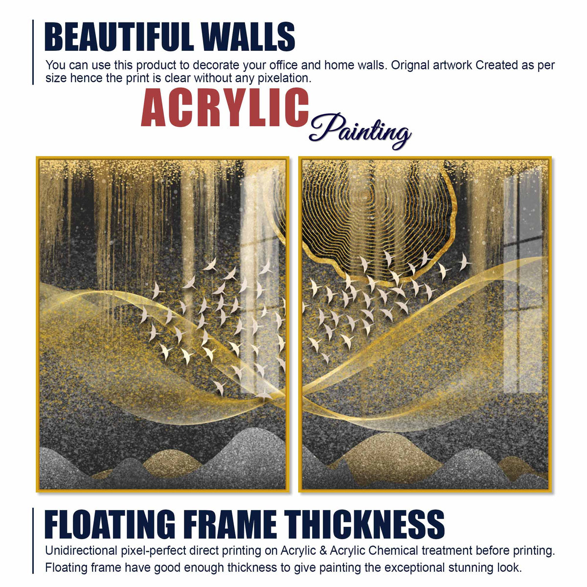 Luxury Golden Wave and Flying Birds Acrylic Floating Wall Painting Set of 2