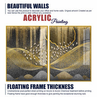 Luxury Golden Wave and Flying Birds Acrylic Floating Wall Painting Set of 2