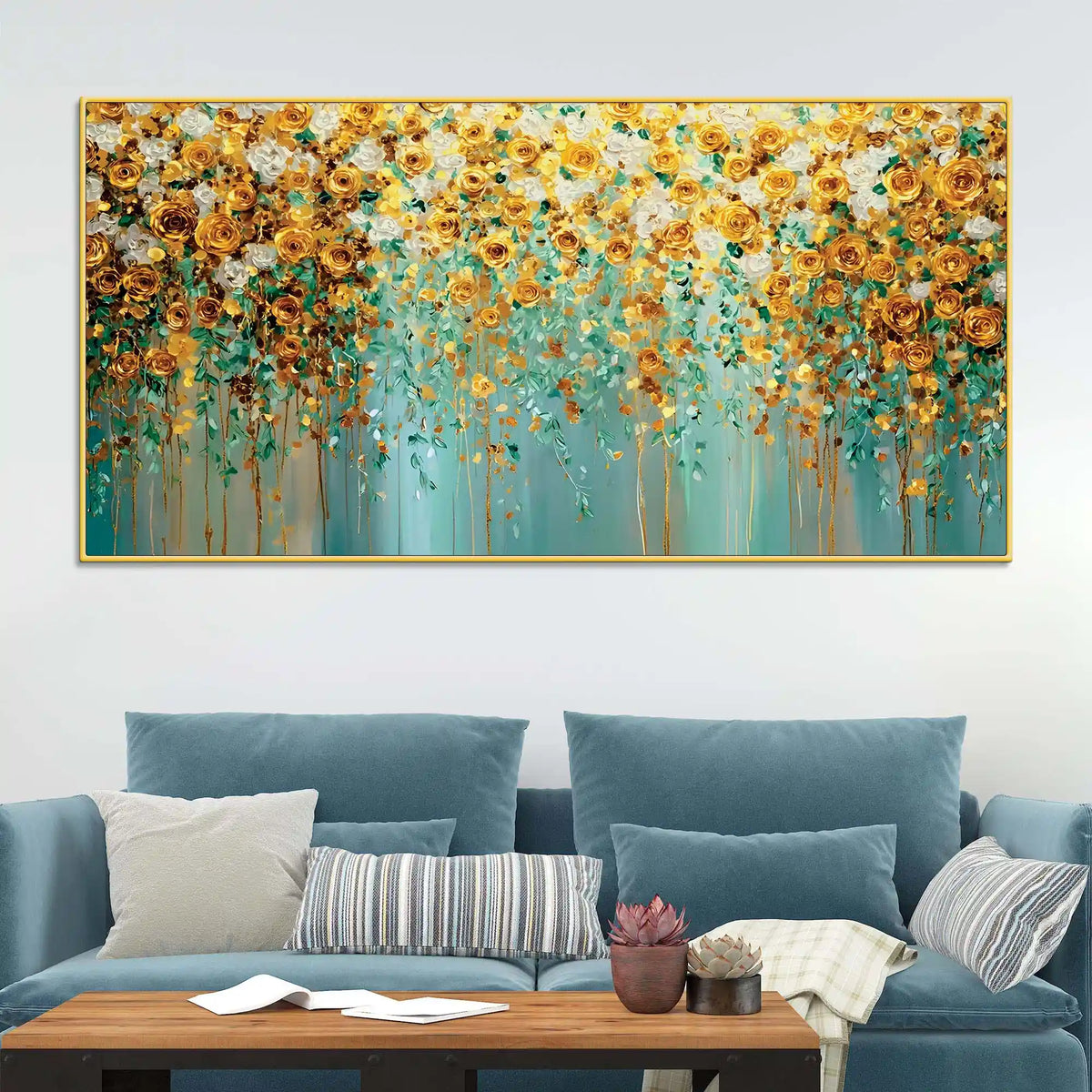 Luxury Golden & White Rose Floral Abstract Wall Painting for Home Decor