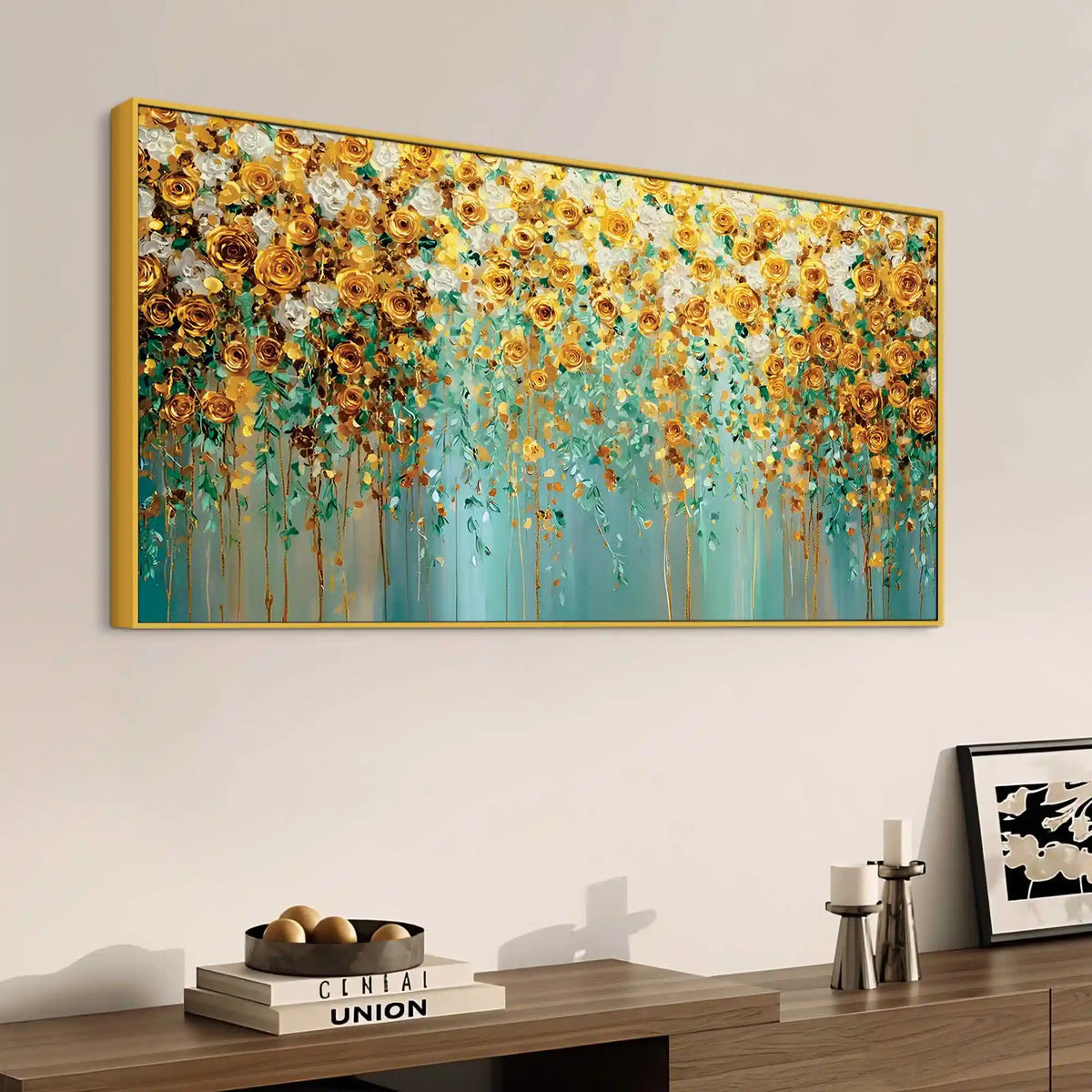 Luxury Golden & White Rose Floral Abstract Wall Painting for Home Decor