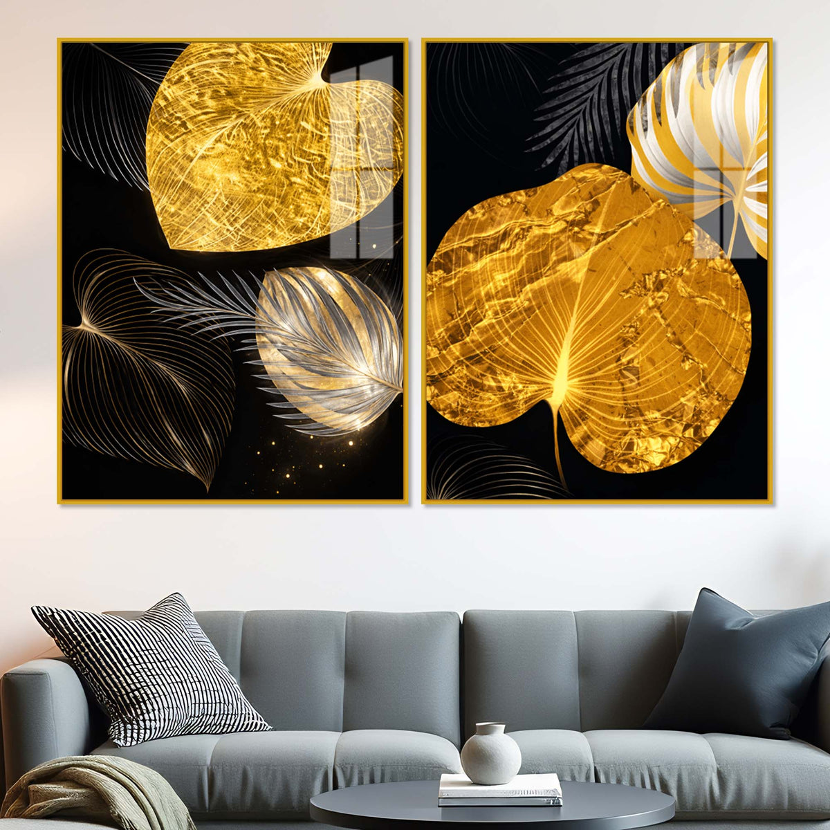 Luxury Heart Shaped Black Gold Botanical Leaves Acrylic Floating Wall Painting Set of 2