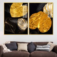 Luxury Heart Shaped Black Gold Botanical Leaves Acrylic Floating Wall Painting Set of 2