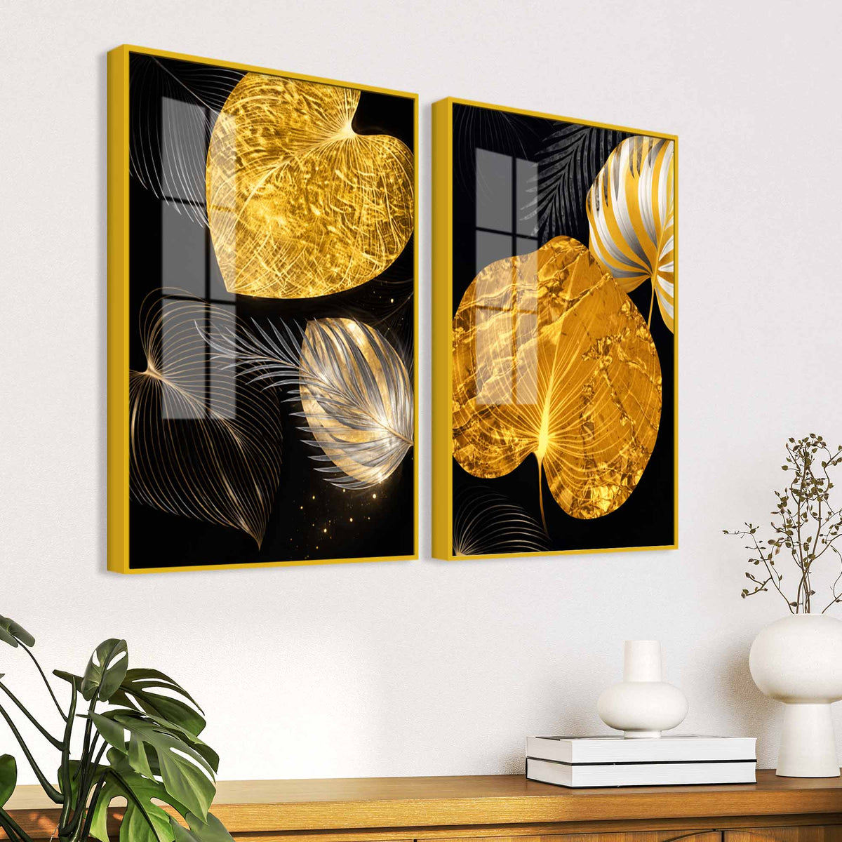 Luxury Heart Shaped Black Gold Botanical Leaves Acrylic Floating Wall Painting Set of 2