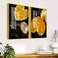 Luxury Heart Shaped Black Gold Botanical Leaves Acrylic Floating Wall Painting Set of 2