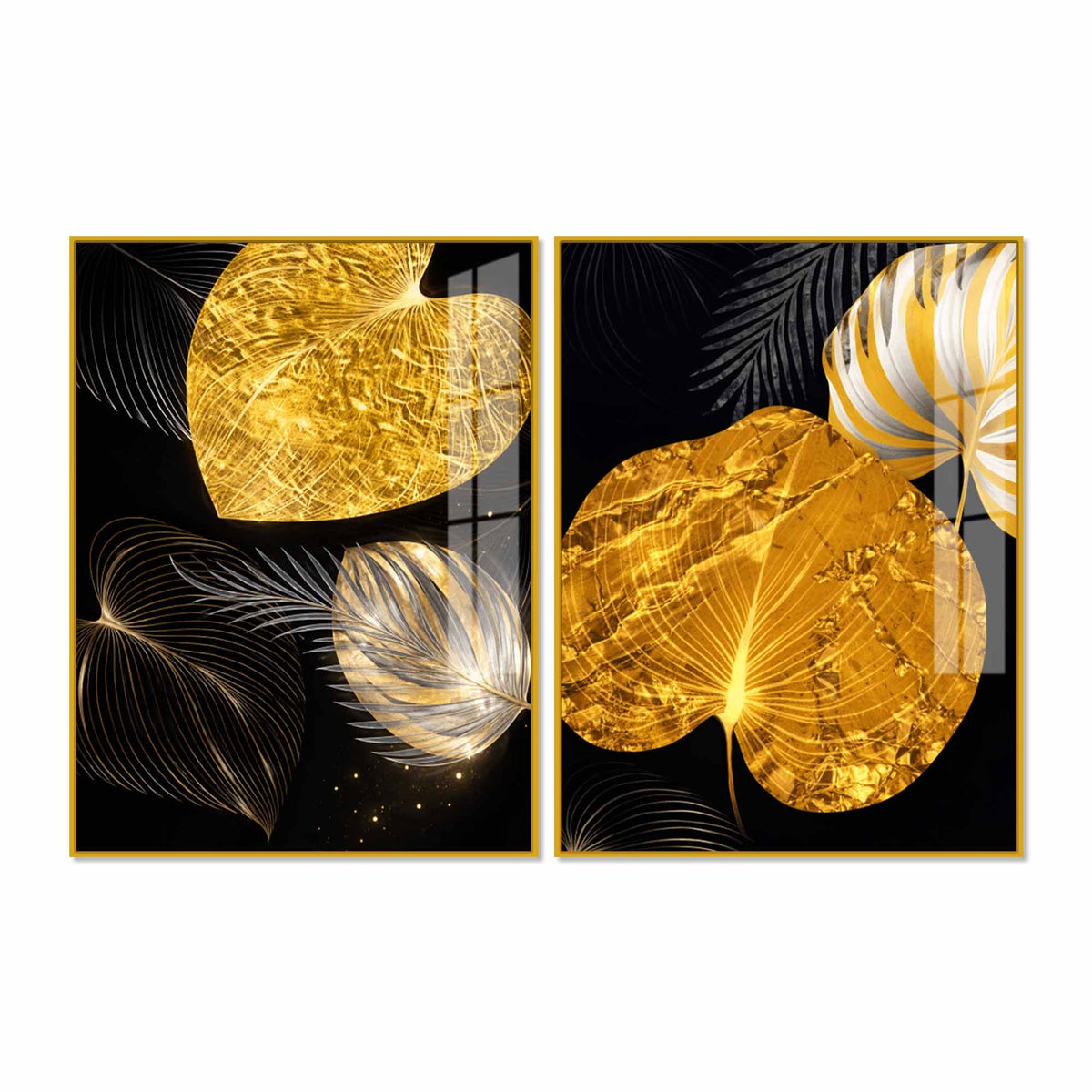 Luxury Heart Shaped Black Gold Botanical Leaves Acrylic Floating Wall Painting Set of 2