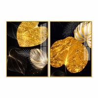 Luxury Heart Shaped Black Gold Botanical Leaves Acrylic Floating Wall Painting Set of 2