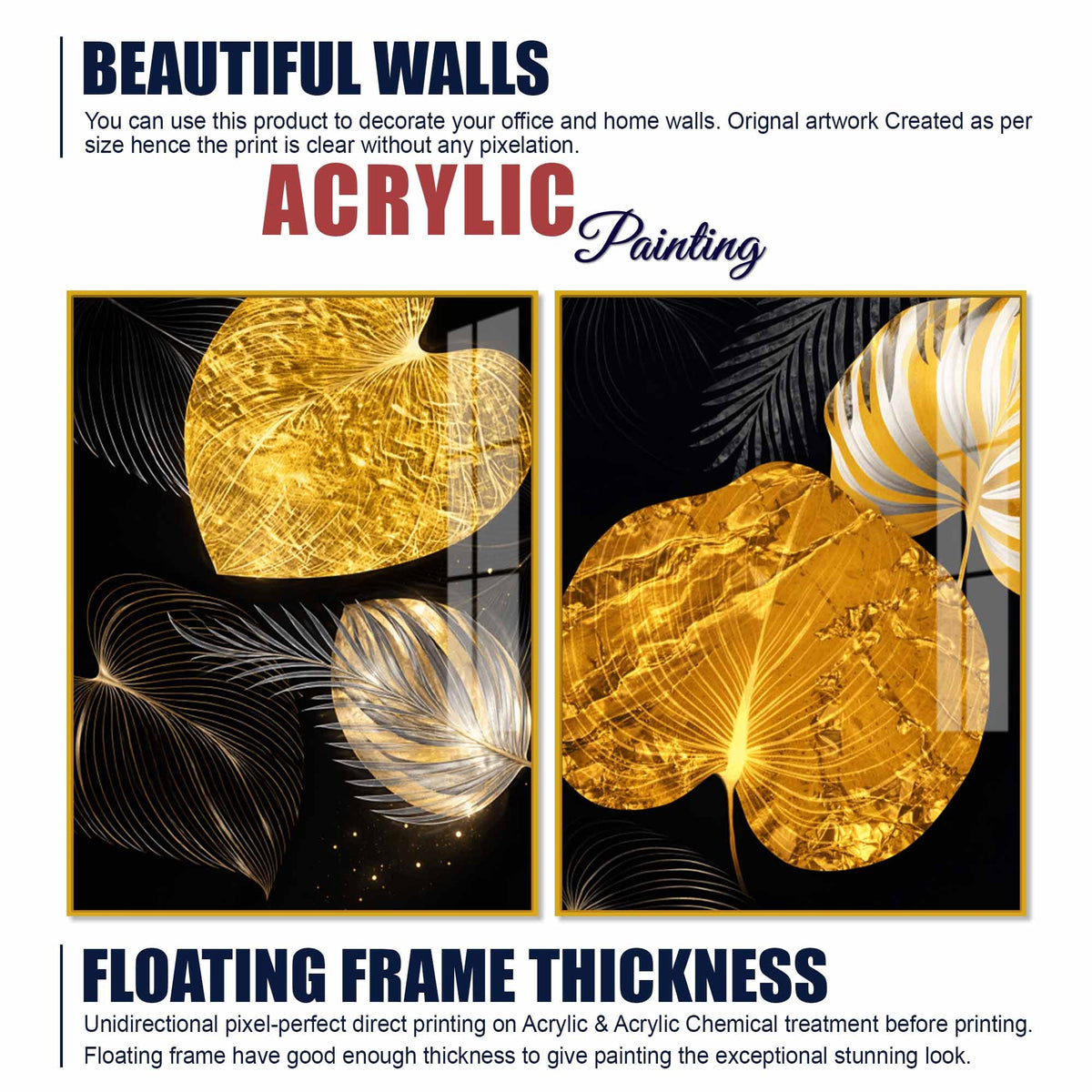 Luxury Heart Shaped Black Gold Botanical Leaves Acrylic Floating Wall Painting Set of 2