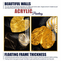 Luxury Heart Shaped Black Gold Botanical Leaves Acrylic Floating Wall Painting Set of 2