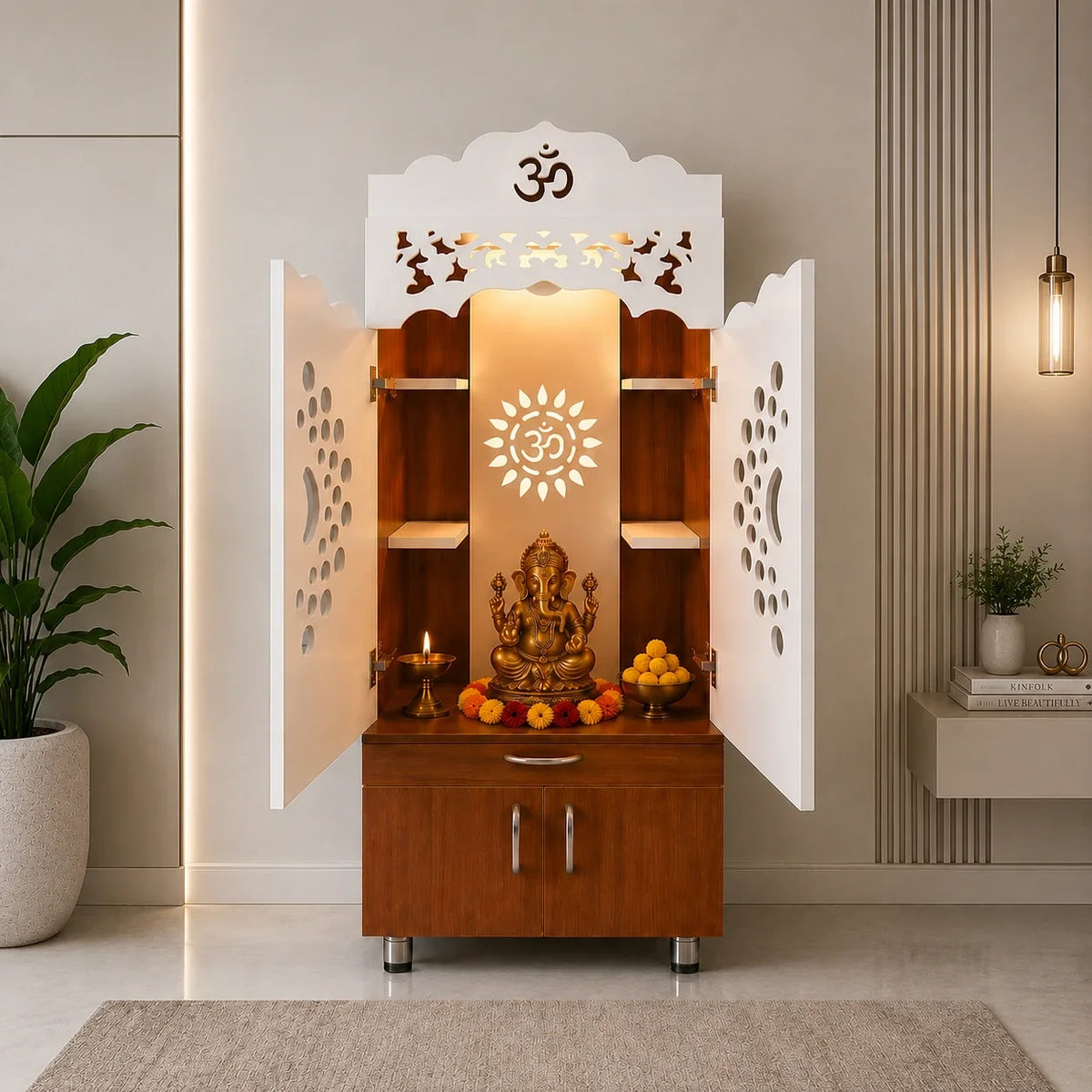Luxury Home Temple with Doors Storage Cabinet Shelves and Om Symbol Back Panel