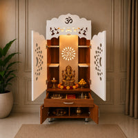 Luxury Home Temple with Doors Storage Cabinet Shelves and Om Symbol Back Panel