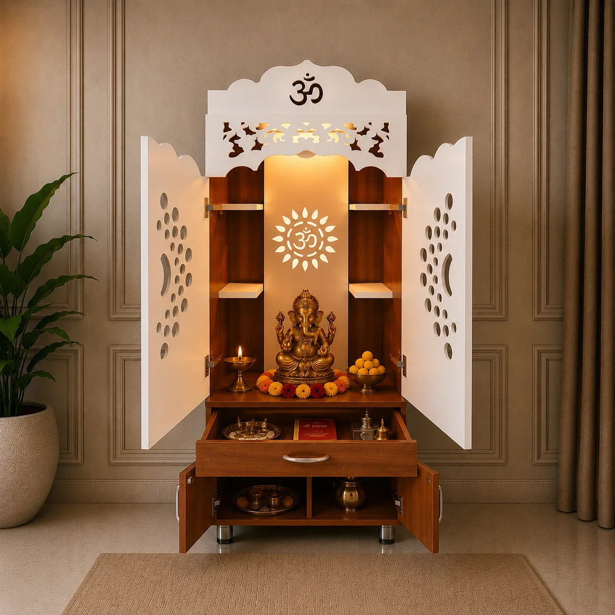 Luxury Home Temple with Doors Storage Cabinet Shelves and Om Symbol Back Panel