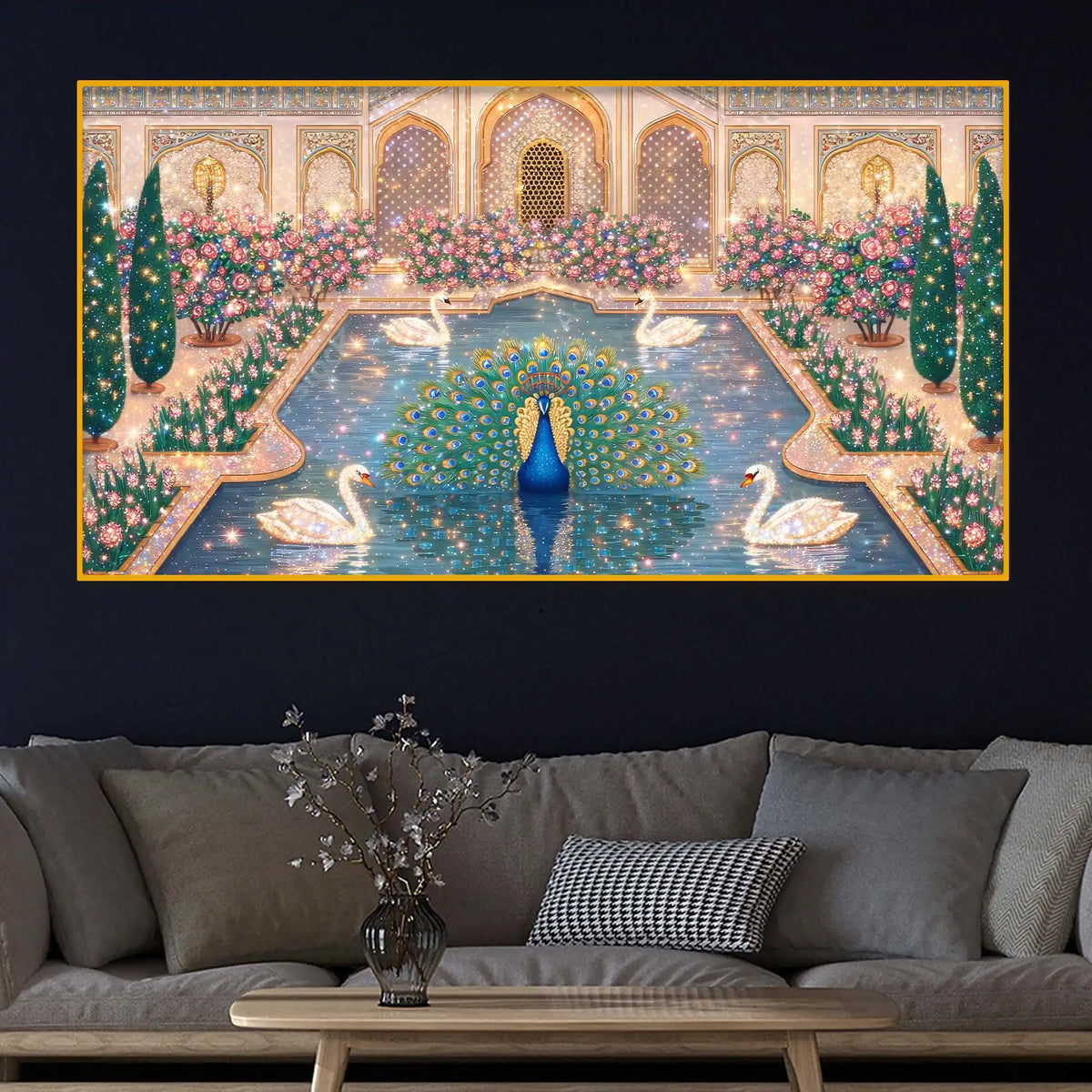 Luxury Indian Royal Palace Peacock Artwork Crystal Glass Wall Painting for Home Decoration