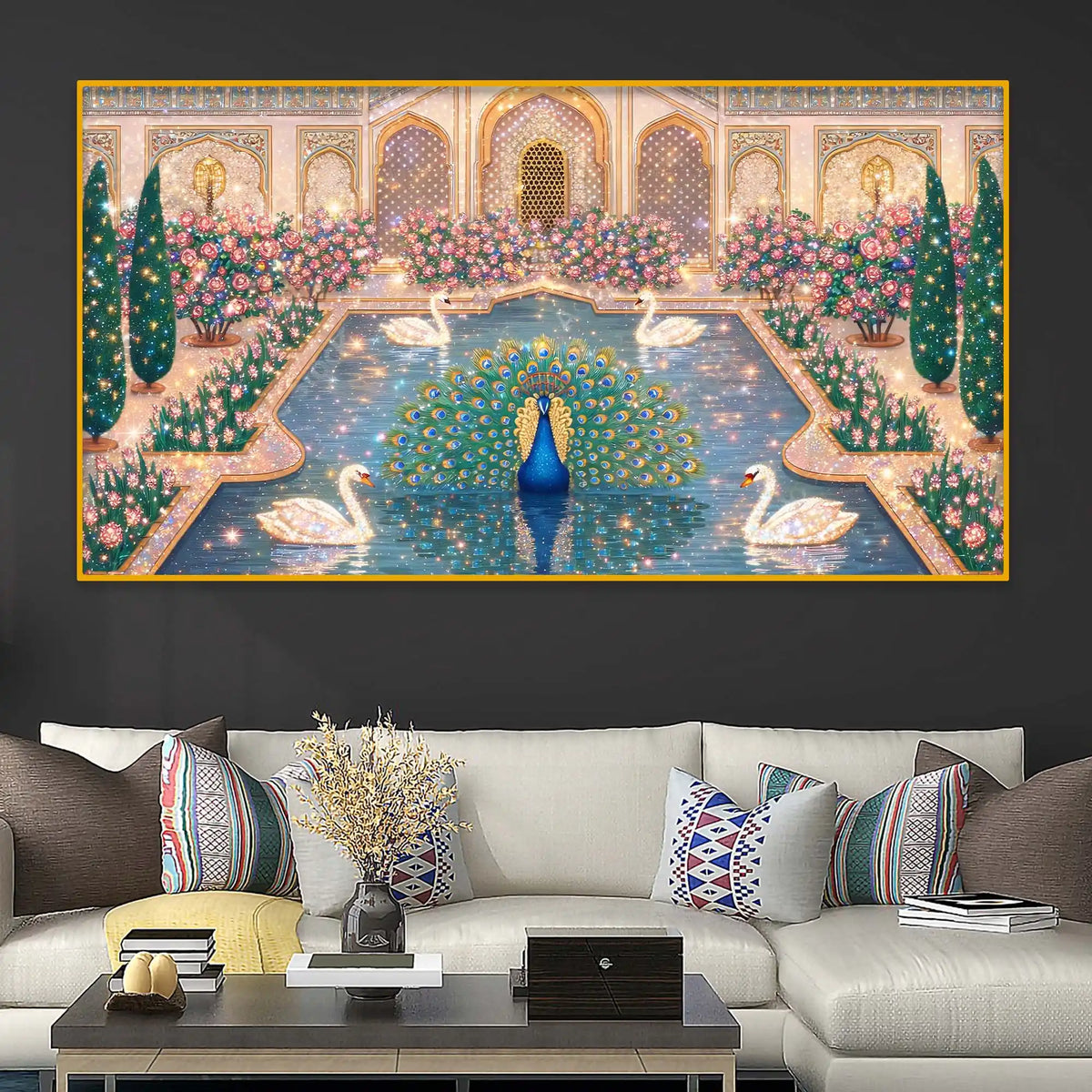 Luxury Indian Royal Palace Peacock Artwork Crystal Glass Wall Painting for Home Decoration