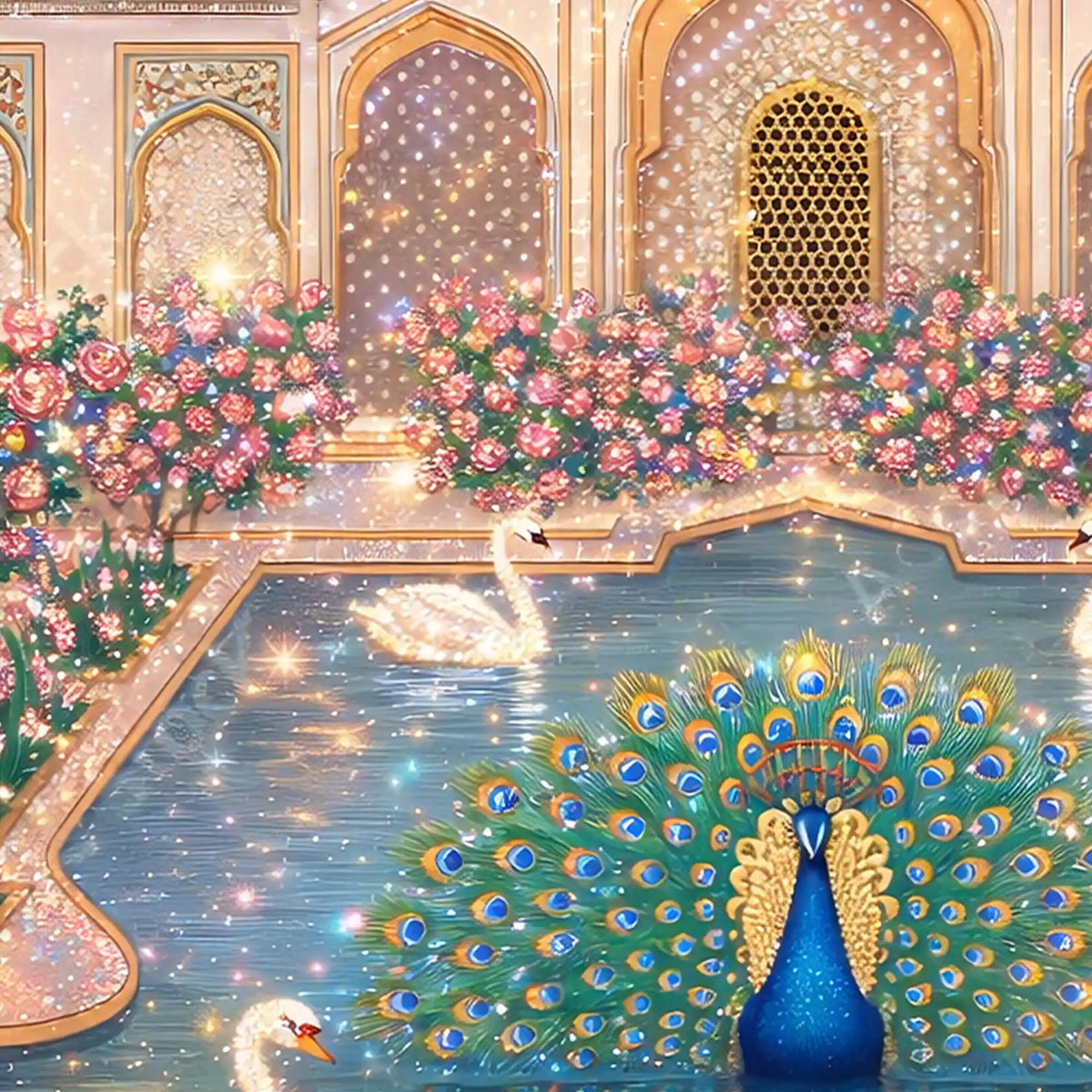 Luxury Indian Royal Palace Peacock Artwork Crystal Glass Wall Painting for Home Decoration