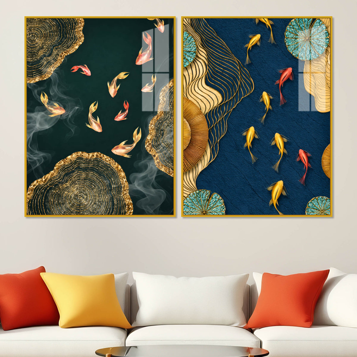 Luxury Japanese Koi Fish Premium Acrylic Floating Wall Painting Set of 2
